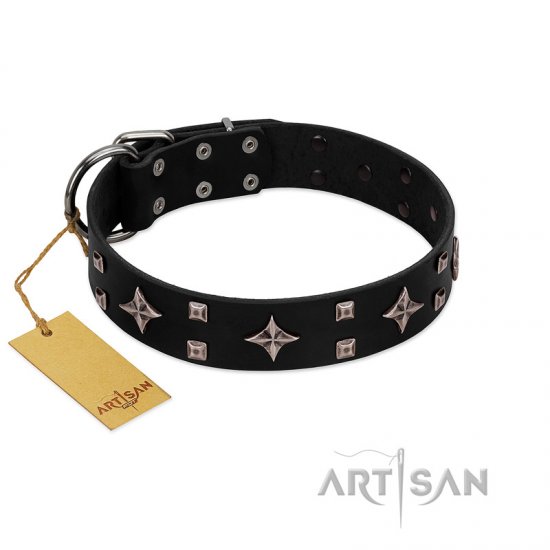 "Snappy Dresser" FDT Artisan Black Leather German Shepherd Collar Adorned with Stars and Tiny Squares