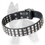 German Shepherd Leather Dog Collar with 3 Rows of Nickel Square Pyramids