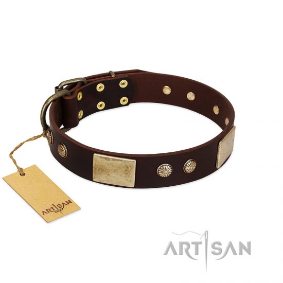 "Middle Age" FDT Artisan Brown Leather German Shepherd Collar with Old Bronze-Plated Engraved Flowers and Large Plates