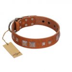 "Egyptian Gifts" Handmade FDT Artisan Tan Leather German Shepherd Collar with Chrome-plated Pyramids