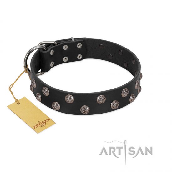 "Power-Flower" FDT Artisan Black Leather German Shepherd Collar with Two Rows of Silver-like Studs with Engraved Flowers