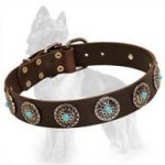 Leather German Shepherd Collar with Marvelous Circles and Blue Stones