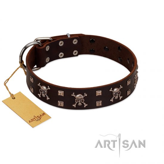 "Menacing Allure" FDT Artisan Brown Leather German Shepherd Collar Embellished with Silvery Crossbones and Square Studs - Click Image to Close