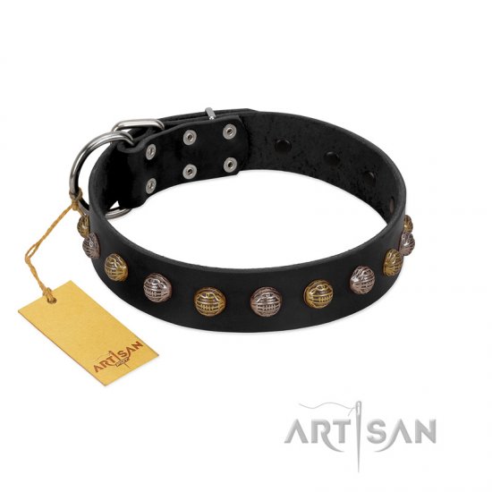 "Inky Prettification" FDT Artisan Black Leather German Shepherd Collar with One Row of Studs