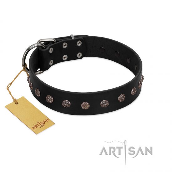 "Flower Rhapsody" FDT Artisan Premium Quaulity Black Leather German Shepherd Collar
