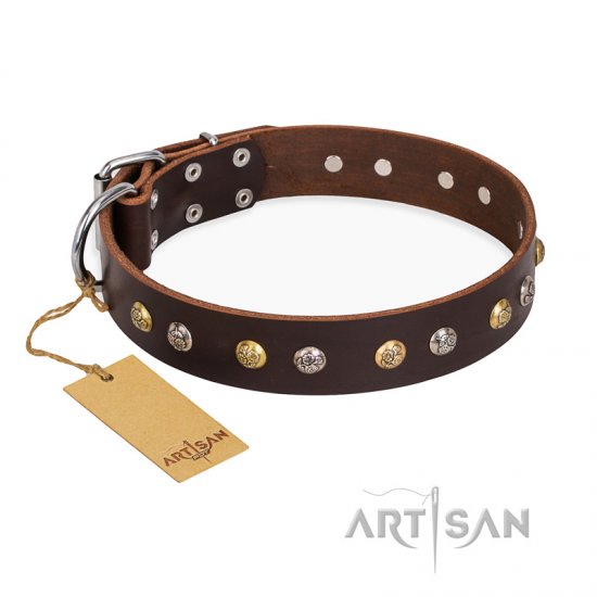 "Rare Flower" FDT Artisan Brown Leather German Shepherd Collar Adorned with Old-look Hemisphere Studs