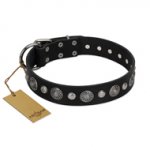 "Vintage Elegance" FDT Artisan Black Leather German Shepherd Collar with Engraved Brooches and Studs