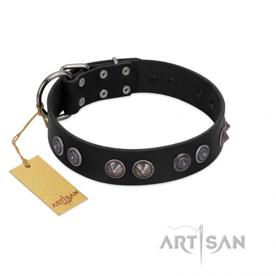 "Silver Medallions" Mod FDT Artisan Black Leather German Shepherd Collar with Round Plates