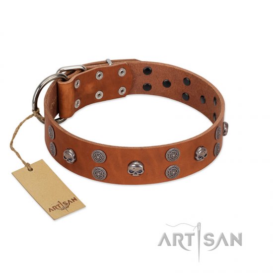 "Road Rider" FDT Artisan Tan Leather German Shepherd Collar with Old Silver-like Skulls and Medallions - Click Image to Close