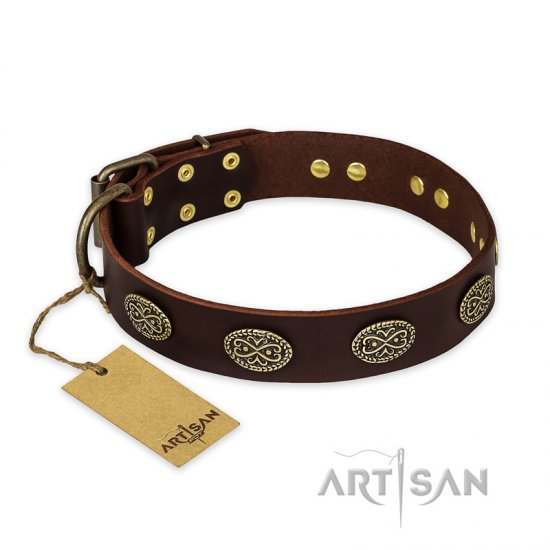"Chocolate kiss" FDT Artisan Leather German Shepherd Collar with Old Bronze Look Oval Plates
