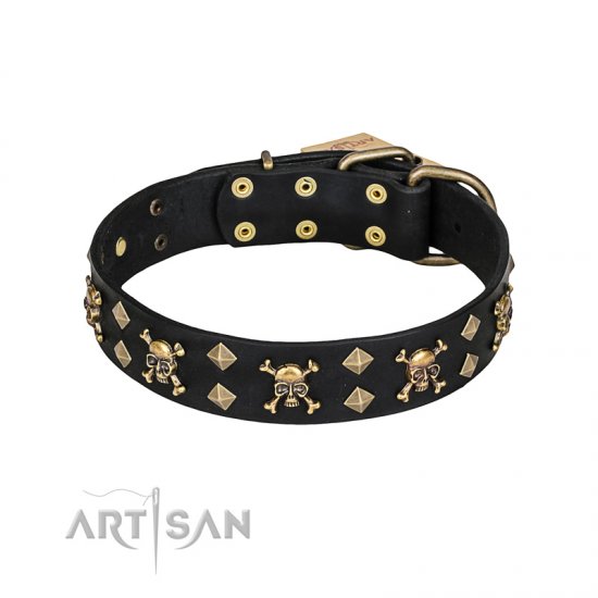 "Jolly Rojer" FDT Artisan Leather German Shepherd Collar with Pirate Skulls and Studs - 1 1/2 inch (40 mm) wide