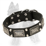 Leather German Shepherd Collar with Nickel Plates and Pyramids