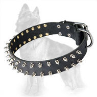 German Shepherd Leather Dog Collar with 2 Rows of Nickel Spikes