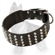 German Shepherd Leather Dog Collar Extra Wide with 4 Rows of Nickel Pyramids