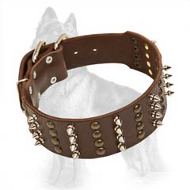 German Shepherd Leather Dog Collar Extra Wide with 4 Rows of Nickel Spikes and Brass Studs