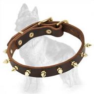 German Shepherd Spiked Leather Dog Collar with One Row of Glossy Brass Spikes