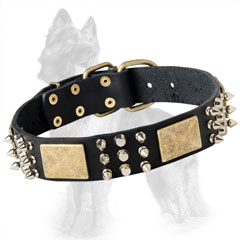 German-Shepherd Spiked Leather Collar Decorated with Brass Plates and Nickel Pyramids and Spikes