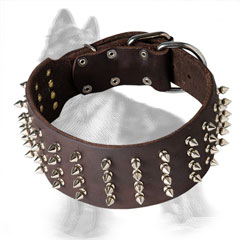 Leather German-Shepherd Collar Decorated with 4 Rows Nickel Plated Spikes