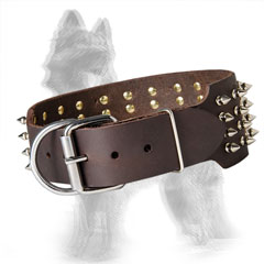 3 inch Wide Spiked Leather German-Shepherd Collar with Nickel Plated Hardware