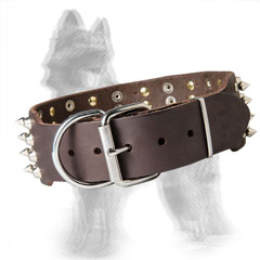 2 inch Wide Spiked Leather German-Shepherd Collar with Nickel Plated Hardware