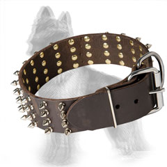 4 Rows Spiked Leather German-Shepherd Collar with Nickel Plated Hardware