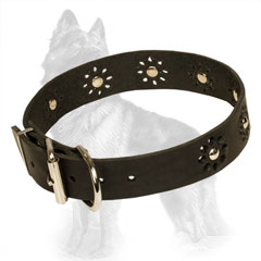 Studded Buckle Leather German-Shepherd Collar Punched with Flowers