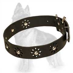 Leather German-Shepherd Collar Flowers with Nickel Plated Studs