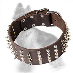 Leather German-Shepherd Collar Decorated with Nickel Plated Spikes and Cones