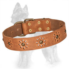 Studded Tan Leather German-Shepherd Collar Punched with Flowers