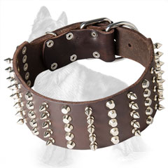 Extra Wide Leather German-Shepherd Collar Decorated with Nickel Plated Spikes and Studs