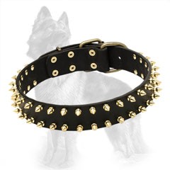 Leather German-Shepherd Collar with 2 Rows Brass Spikes