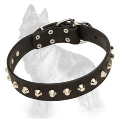 Leather German-Shepherd Collar with One Row of Nickel Plated Pyramids