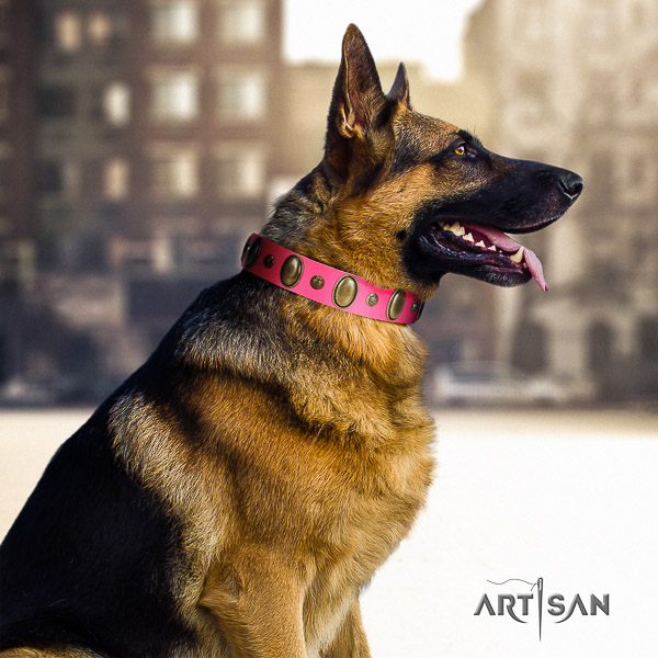 German-Shepherd Dog stylish decorated genuine leather dog collar for everyday walking