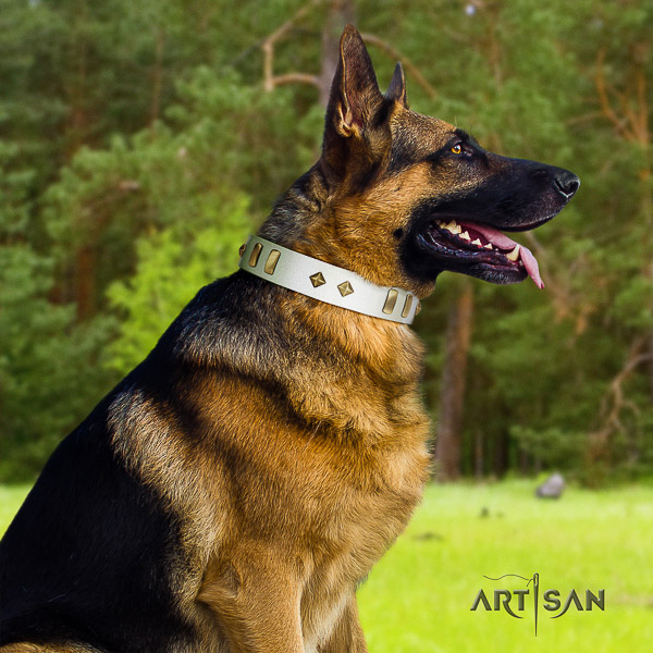German-Shepherd Dog unique adorned full grain natural leather dog collar for fancy walking