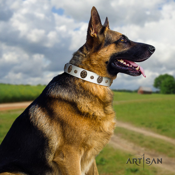 German-Shepherd Dog unique adorned genuine leather dog collar for walking