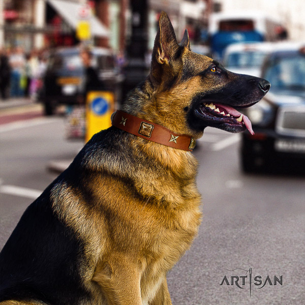 German-Shepherd Dog exceptional decorated genuine leather dog collar for easy wearing