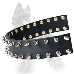 German-Shepherd Leather Dog Collar Strap with 2 Rows of  Nickel Spikes