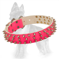 German-Shepherd Pink Leather Dog Collar with Reliably  Riveted Hardware