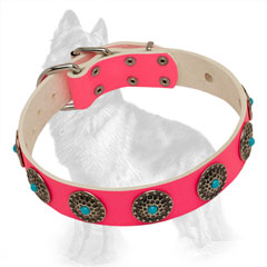 German-Shepherd Pink Leather Dog Collar Decorated with  Elegant Circles and Blue Stones