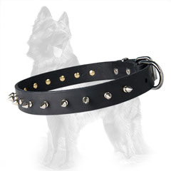 German-Shepherd Spiked Leather Dog Collar with One Row  Nickel Spikes