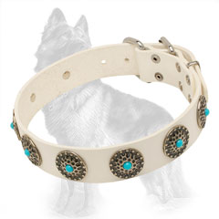 German-Shepherd White Leather Dog Collar Decorated with  Elegant Circles and Blue Stones