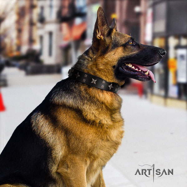 German-Shepherd unusual full grain genuine leather collar with decorations for your doggie