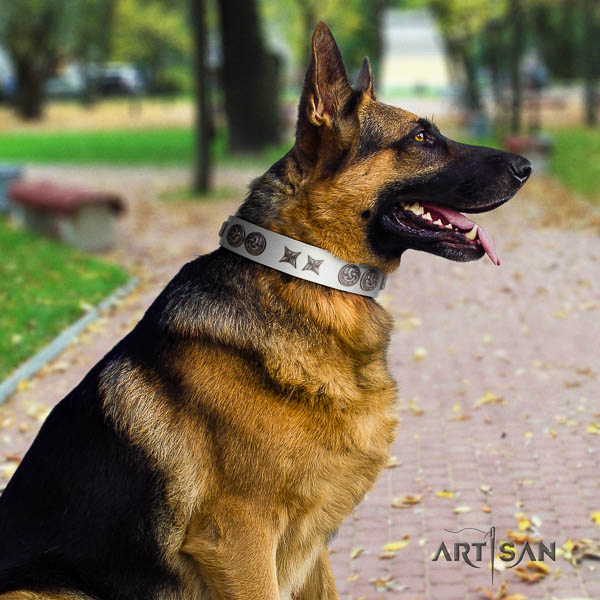 German-Shepherd trendy full grain natural leather collar with decorations for your pet