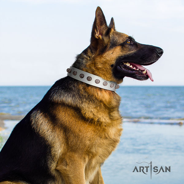 German-Shepherd easy adjustable natural genuine leather collar with adornments for your canine