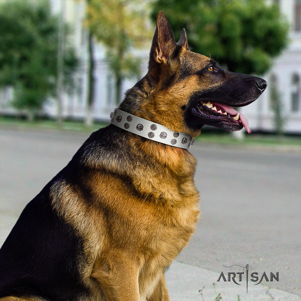 German-Shepherd perfect fit full grain genuine leather collar with decorations for your doggie