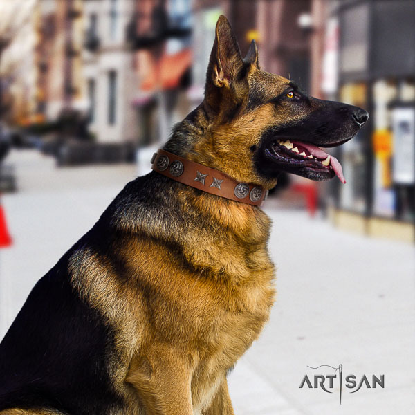 German-Shepherd awesome natural genuine leather collar with decorations for your dog