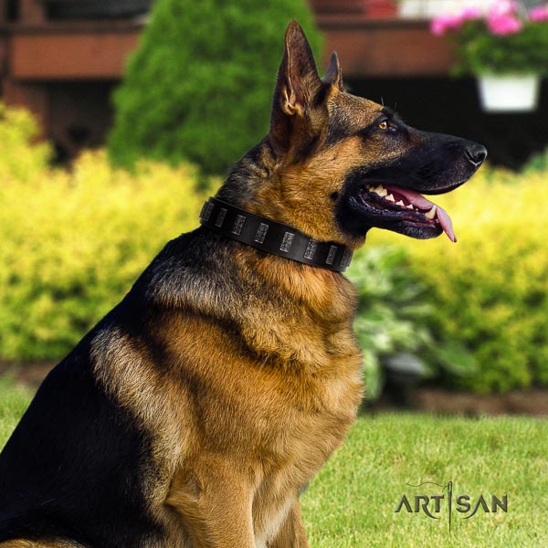 German-Shepherd convenient natural genuine leather collar with decorations for your canine