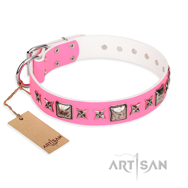 Genuine leather dog collar made of flexible material with corrosion resistant buckle