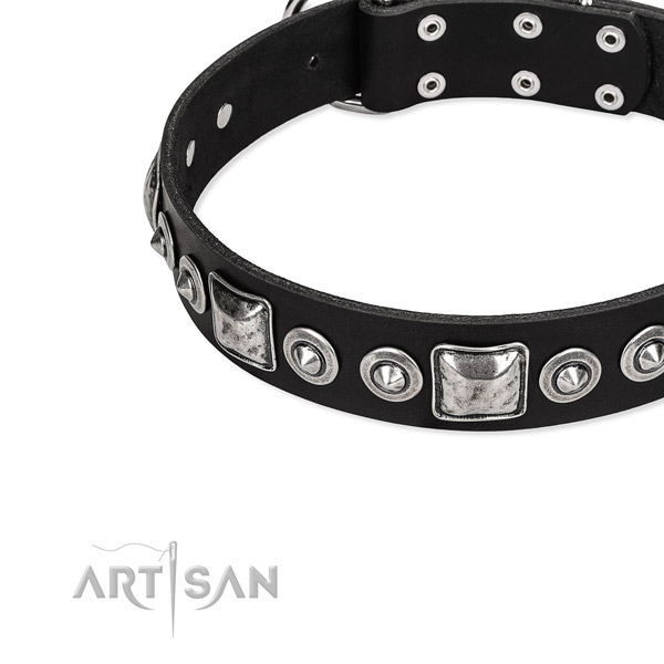 Full grain genuine leather dog collar made of flexible material with studs