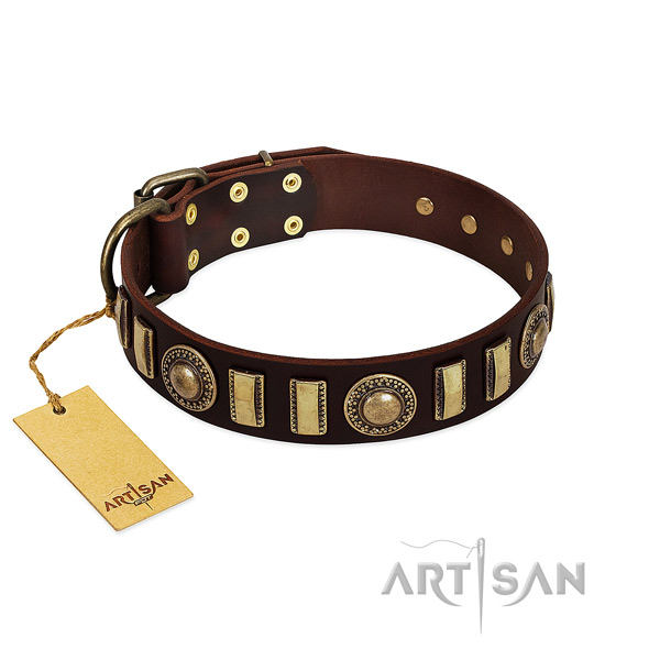 Soft to touch leather dog collar with corrosion resistant traditional buckle